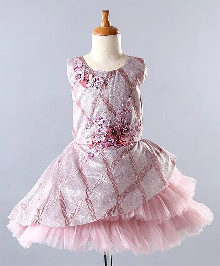 Enfance Sleeveless Embroidery Flower Corsage Designer Dress - Onion Pink