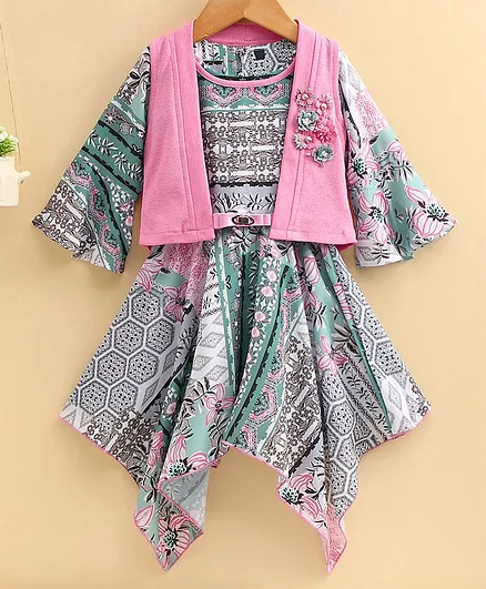 Enfance Full Bell Sleeves All Over Flower Print Dress With Shrug - Pink