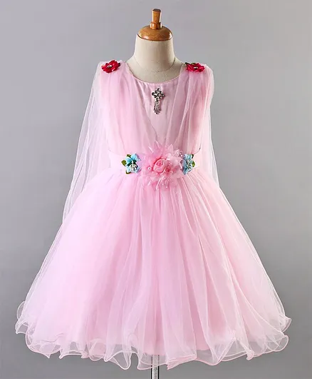 Enfance Sleeveless Flower Applique Flared Cape Party Dress - Pink