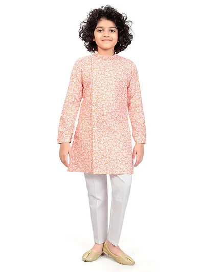 Nakshi By Yug Full Sleeves Flower Printed Kurta & Churidar Set - Orange