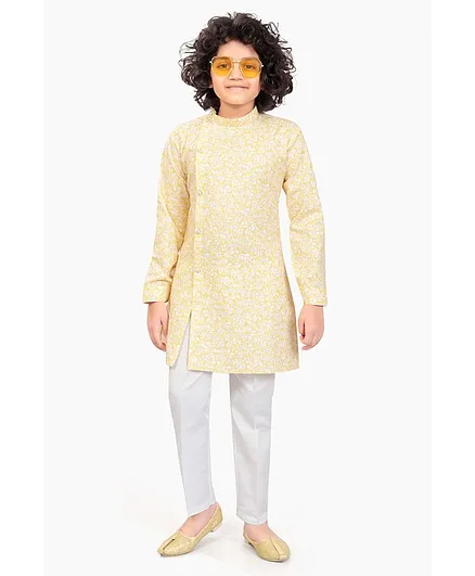 Nakshi By Yug Full Sleeves Flower Printed Kurta & Churidar Set - Yellow