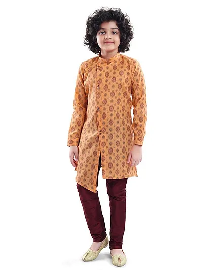 Nakshi By Yug Full Sleeves Block Print Kurta & Churidar - Orange