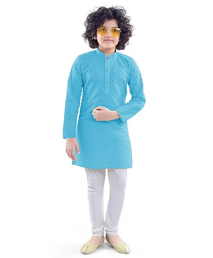 Nakshi By Yug Full Sleeves Leaves Embroidery Detailing Kurta & Churidar Set - Blue