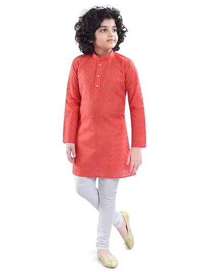Nakshi By Yug Full Sleeves Self Embroidery Detailing Kurta & Churidar Set - Red