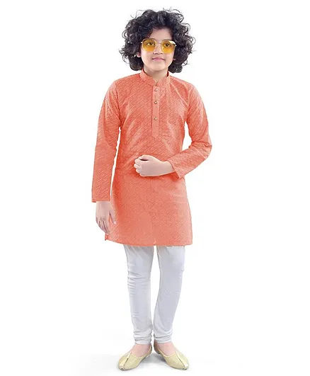 Nakshi By Yug Full Sleeves Leaves Embroidery Detailing Kurta & Churidar Set - Peach