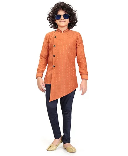 Nakshi By Yug Full Sleeves Self Butti Asymmetrical Kurta With Churidar - Orange