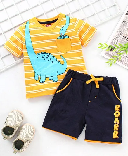 Babyhug Half Sleeves Tee and Shorts Set Dino Print - Yellow