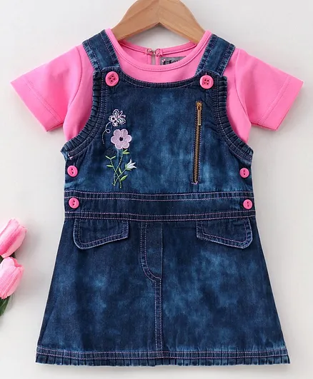 Enfance Core Flower Embroidery Dress With Short Sleeves Tee - Pink