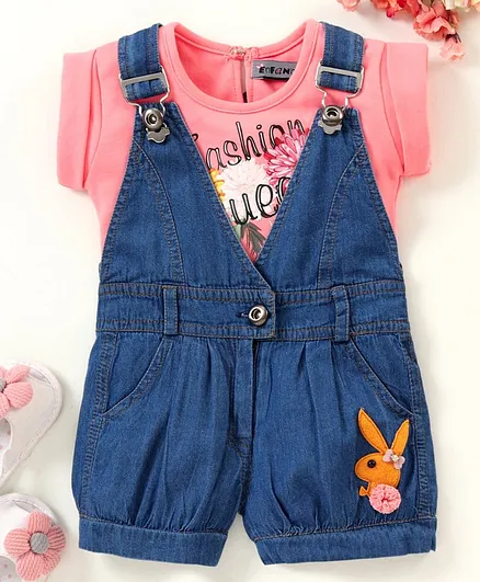 Enfance Core Short Sleeves Top With V Neck Dungaree - Blue