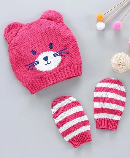 Babyhug 100% Organic Cotton Woollen Cap & Mitten Set Pink - Diameter 10.5 cm