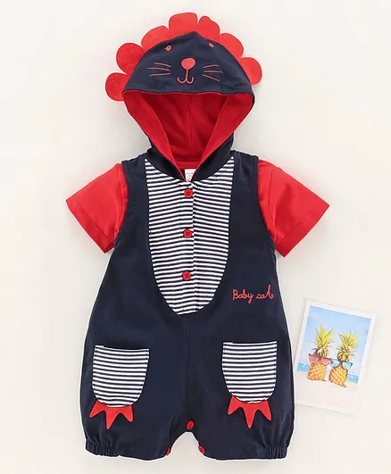 Cucumber Half Sleeves Cat Print Hooded Romper - Blue