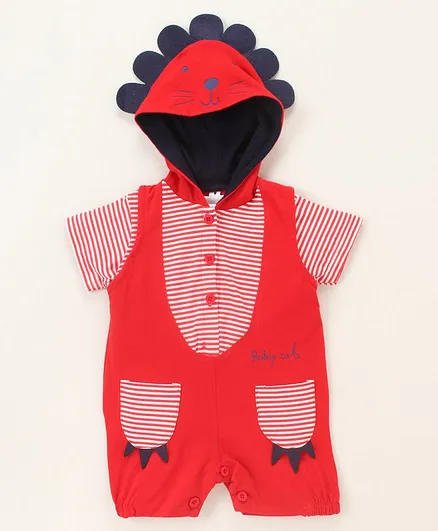 Cucumber Half Sleeves Cat Print Hooded Romper - Red