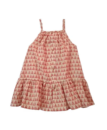 Snowflakes Sleeveless Triangle Print Dress - Beige
