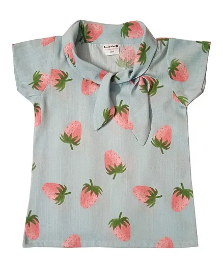 Snowflakes Cap Sleeves Strawberry Prints Top - Green