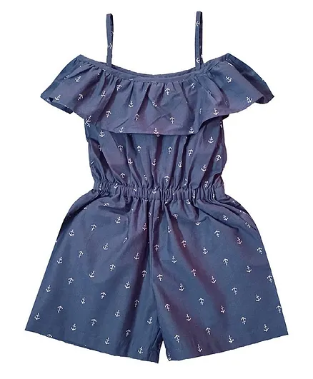 Snowflakes Half Sleeves Anchor Print Jumpsuit - Blue