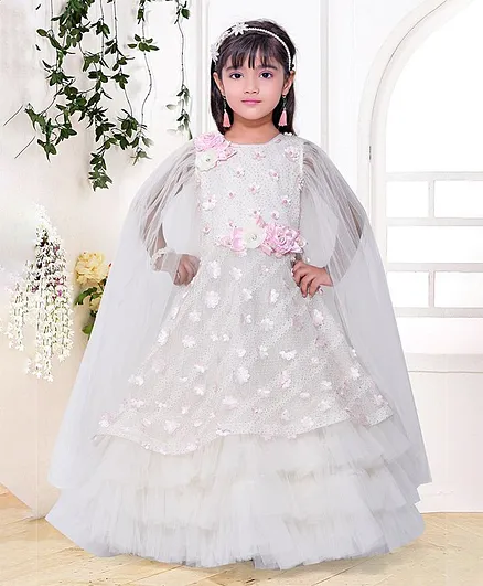 Fiona Netted Full Sleeves Flower Applique Tutu Flared Gown - Off White & Pink