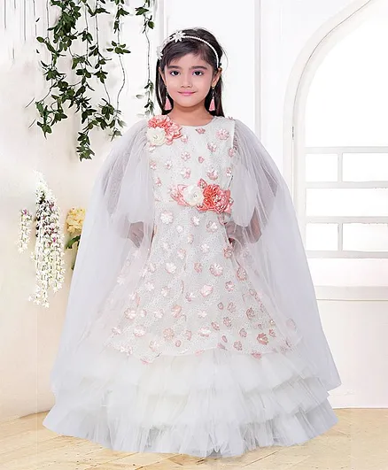 Fiona Netted Full Sleeves Flower Applique Tutu Flared Gown - Off White & Peach
