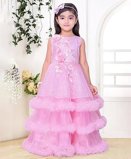 Fiona Sleeveless Flower Applique Layered Gown - Light Pink