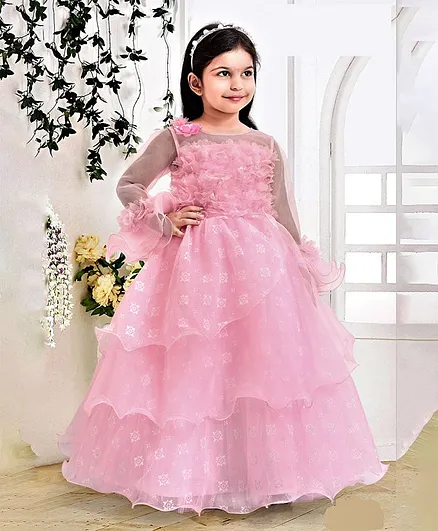 Fiona Full Sleeves Ruffle Flower Applique Flared Gown - Pink