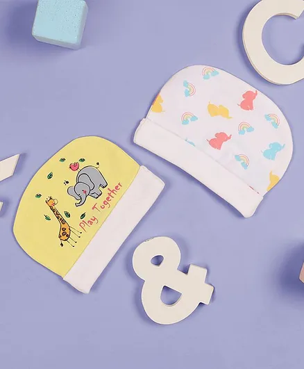 Kicks & Crawl Pack Of 2 Animals Printed Cap - Yellow