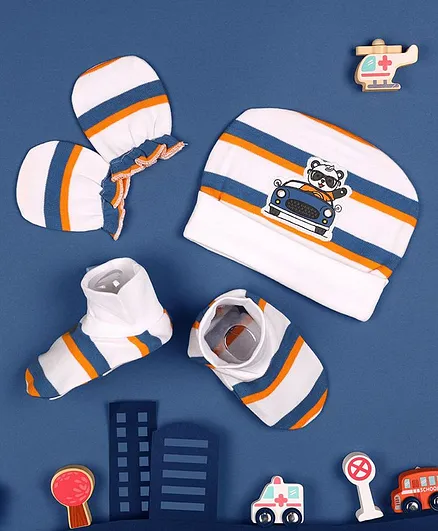 Kicks & Crawl Striped Cap With Mittens & Booties - Blue Orange White