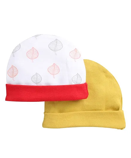 BUMZEE Pack Of 2 Solid & Leaves Printed Cap - White & Yellow