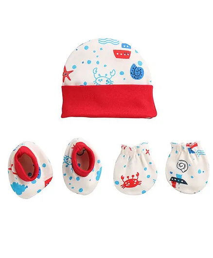 BUMZEE Star Fish Print Detailing Cap With Mittens & Booties - Red