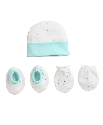 BUMZEE Small Triangle Print Detailing Cap With Mittens & Booties - White & Blue