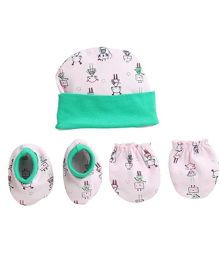 BUMZEE Robot Print Detailing Cap With Mittens & Booties - White & Green
