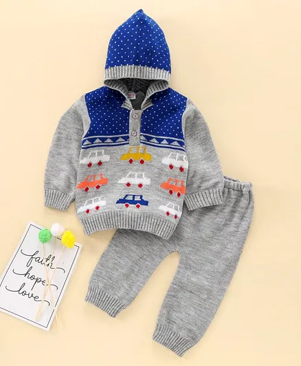 Babyhug Full Sleeves Hooded Sweater Set - Blue