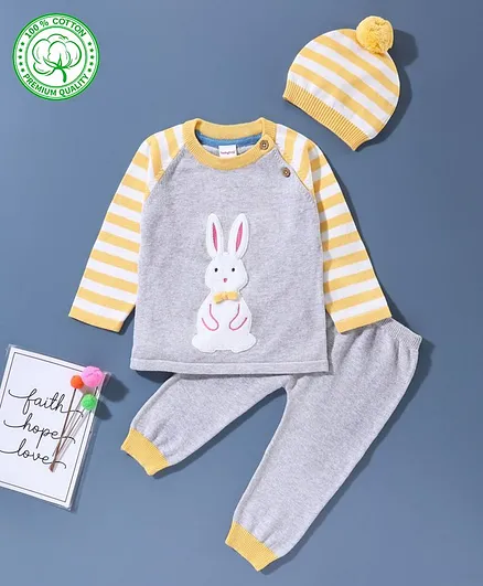 Babyhug Full Sleeves 100% Organic Sweater Set with Cap Bunny Patch - Grey