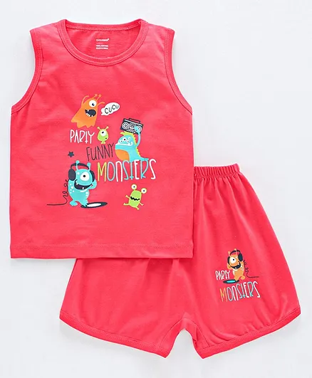 Cucumber Printed Sleeveless T-Shirt & Shorts - Red