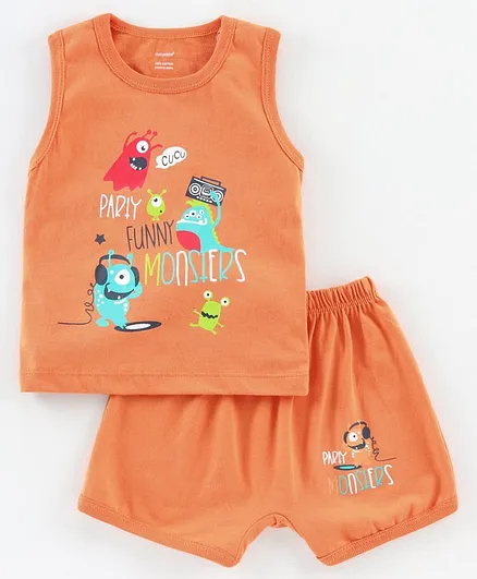 Cucumber Sleeveless Tee & Shorts Monster Print - Orange