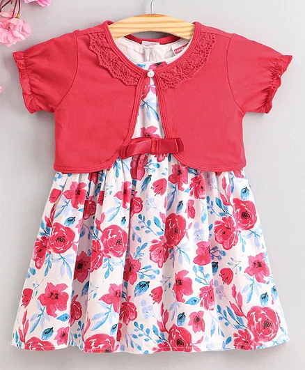 Babyhug Sleeveless Frock with Jacket Floral Print - White Red