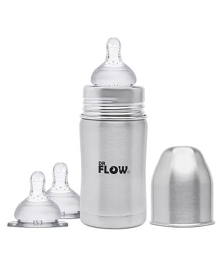 Dr.Flow Vogue Stainless Steel Baby Feeding Bottle Silver - 260 ml