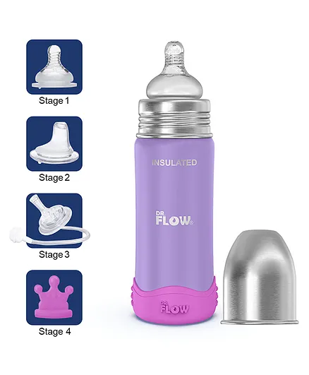 Dr.Flow Omega+ Insulated ThermoSteel Baby Feeding Bottle Purple - 270 ml