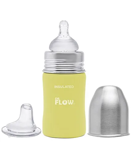 Dr.Flow 2 in 1 Omega Insulated ThermoSteel Baby Feeding Bottle Yellow - 180 ml
