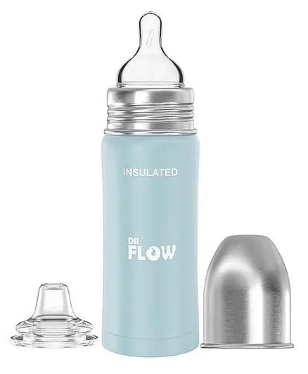 Dr.Flow 2 in 1 Omega Insulated ThermoSteel Baby Feeding Bottle Blue - 270 ml
