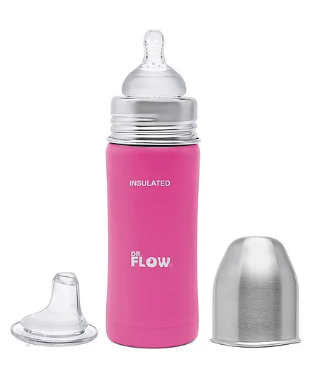 Dr.Flow 2 in 1 Omega Insulated ThermoSteel Baby Feeding Bottle Pink - 270 ml