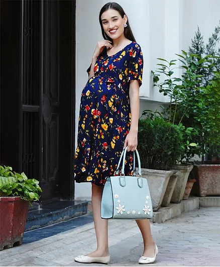 Mine4Nine Half Sleeves Floral Print Maternity & Nursing Dress - Navy Blue