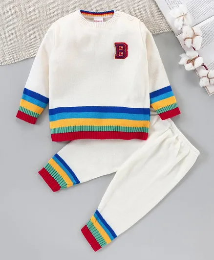Babyhug Full Sleeves Sweater Set Striped - Off White