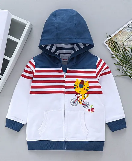Babyhug Full Sleeves SweatShirt with a Hood Cartoon Print - White & Blue