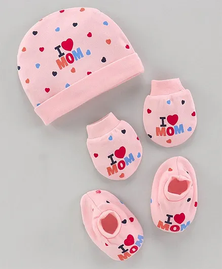 Simply Cap Mitten & Booties I Love Mom Print Pink - Cap Diameter 11 cm