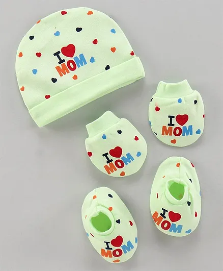 Simply Cap Mitten & Booties I Love Mom Print Green - Cap Diameter 11 cm