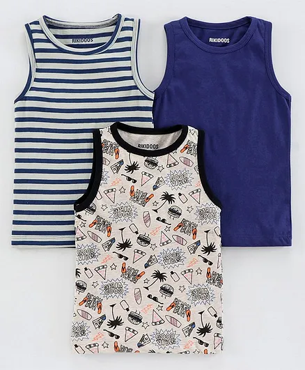 Rikidoos Striped & Printed Sleeveless Pack Of 3 Tee - Multi Color