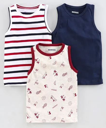 Rikidoos Striped & Printed Sleeveless Pack Of 3 Tee - Multi Color