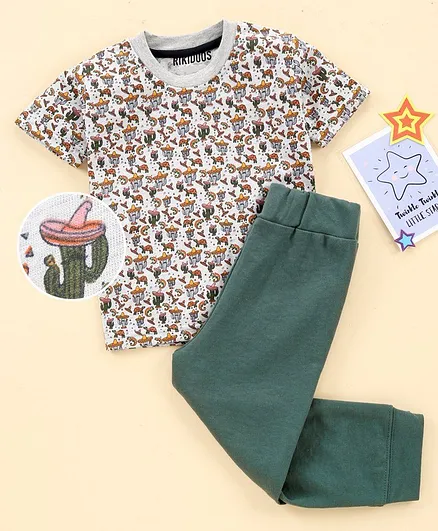 Rikidoos Half Sleeves All Over Printed Tee With Joggers - Grey & Green