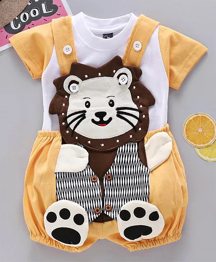 Jb Club Half Sleeves Tee With Lion Patch Dungaree - Yellow