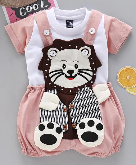 Jb Club Half Sleeves Tee With Lion Patch Dungaree - Pink