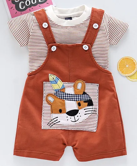 Jb Club Striped Half Sleeves Tee With Dungaree - Rust